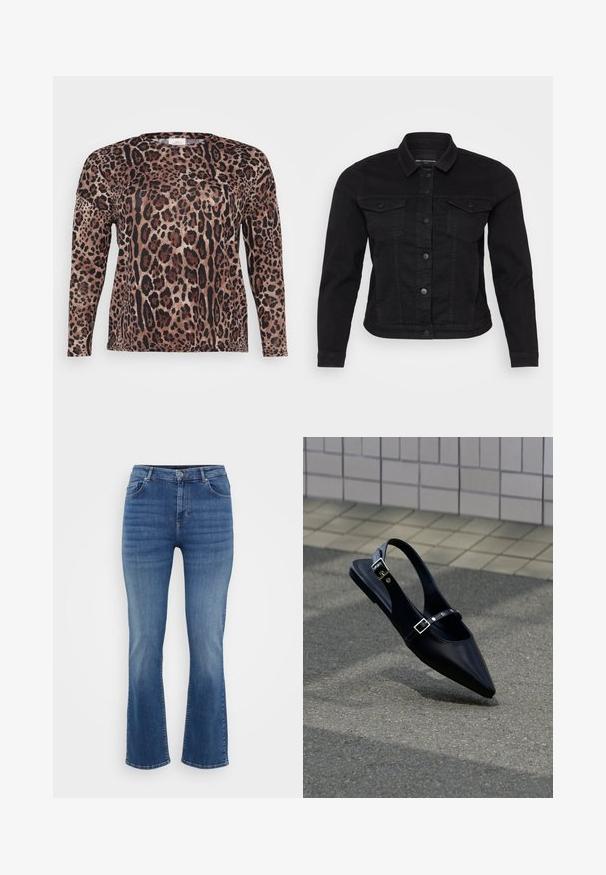 Sort denimjakke med klassisk krave, frontknaplukning, to brystlommer og stikninger.; Langærmet skjorte med leopardprint i nuancer af brun, sort og beige. Blød tekstur med en afslappet pasform.; ONLY Carmakoma Straight fit CARWILLY Mid waist - Jeans Straight Leg - dark blue denim; Sort flad slingback med spids tå og dobbelte spænder, hvilende på grå asfalt nær flisevæg.