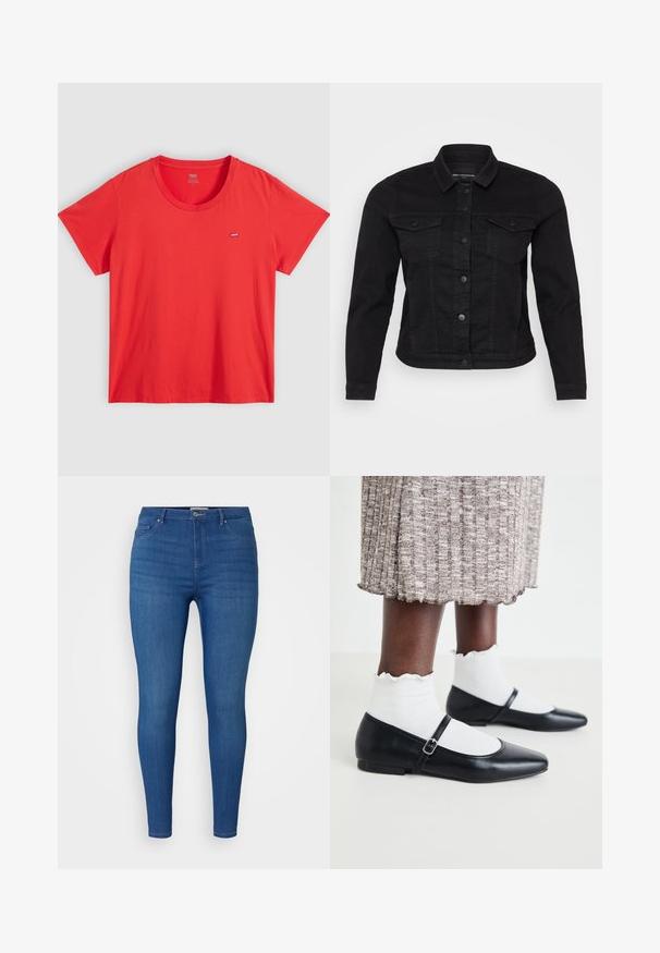 Zwart denim jack met een klassieke kraag, sluiting met knopen aan de voorkant, twee borstzakken en stikdetails.; Rode katoenen T-shirt met een ronde hals, korte mouwen en een klein Levi's logo op de linkerborst. Soepele textuur, ontspannen pasvorm.; Blauwe denim skinny jeans met een gemiddelde taille, vijf-pocket ontwerp en subtiele vervaging. Klassieke stiksels en metalen knoopdetails.; Zwarte ballerina's met een spitse neus en platte hak, voorzien van een verstelbare band over de voet. Draagt witte, textuur sokken.