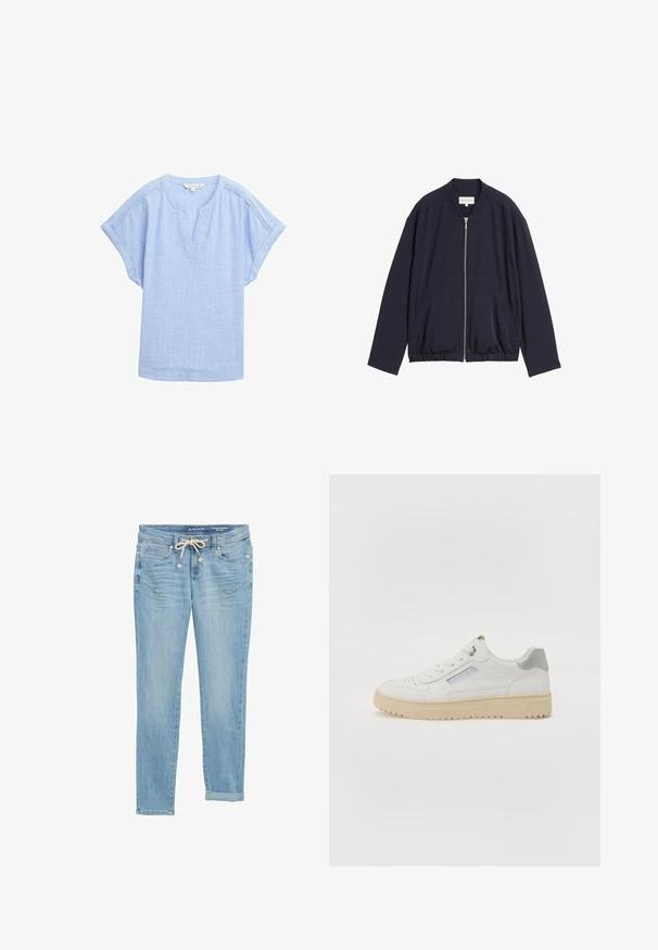 Chaqueta bomber azul marino con cremallera frontal completa, dobladillo elástico, dos bolsillos laterales y cuello redondo.; Camisa corta de manga en azul claro hecha de una tela transpirable, con escote en forma de V y un sutil patrón texturizado en toda la prenda.; Vaqueros de mezclilla azul claro con corte recto, cintura elástica con cordón, puños enrollados y bolsillos frontales. Diseñados con un sutil desgaste.; Zapatillas blancas para hombres con una textura suave, detalles en gris, puntera redonda y suela de goma beige. Presentan una etiqueta lateral y detalles perforados.