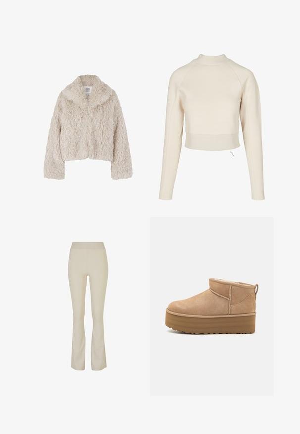 Cremefarbene, gefälschte Pelzjacke im Crop-Style mit breitem Kragen, strukturiertem Oberflächenmaterial und langen Ärmeln. Verfügt über einen Knopfverschluss auf der Vorderseite.; Cremiges, kurz geschnittenes Sweatshirt mit hohem Kragen, langen Raglanärmeln und geripptem Saum. Hergestellt aus weichem, glattem Stoff mit einem minimalistischen Design.; Beige Schlaghosen aus dehnbarem Stoff, mit hohem Bund und dezenten Seitenschlitzen am Saum für zusätzliche Details.; Beige Wildleder-Ankle Boots mit einem weichen Innenfutter, ausgestattet mit einer Plateausohle und einer Zuglasche hinten für einen einfachen Einstieg. Strukturiertes Gummiprofil.