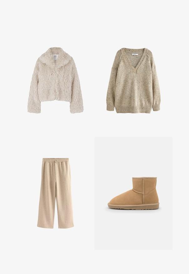 Cremefarvet faux fur cropped jakke med en bred krave, tekstureret overflade og lange ærmer. Har en knaplukning fortil.; Beige spættet striktrøje med V-hals, ribbede manchetter og kant. Blød tekstur med en afslappet pasform og raglanærmer.; Cremefarvede breddebenede bukser lavet af blødt bomuldsblandingsstof. Har en elastisk talje med snor og en subtil plettet tekstur.; Brun ruskinds ankelstøvle med rund tå og polstret krave, der har kontrastsyninger og en tekstureret gummisål.