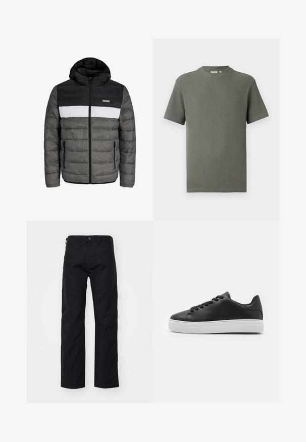 Gesteppten Jacke mit einer schwarzen Kapuze, grauem Körper und weißem Mittelteil. Verfügt über einen Reißverschluss und seitliche Taschen mit einem horizontalen Steppmuster.; Olivgrünes T-Shirt mit kurzen Ärmeln aus strukturiertem Strick, Rundhalsausschnitt und geradem Saum, flach auf weißem Hintergrund.; Schwarze Canvas-Hosen mit geradem Bein, ausgestattet mit einem frontalen Knopfverschluss, Gürtelschlaufen und Seitentaschen. Die Textur ist glatt und strapazierfähig.; Schwarze Leder-Sneaker mit runder Zehe, weißer Gummisohle und schwarzen Schnürsenkeln. Verfügt über eine glatte Oberfläche und ein minimalistisches Design.