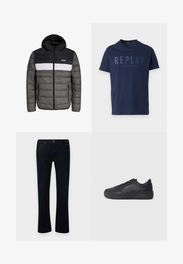 Polstret jakke med sort hætte, grå krop og hvid centralpanel. Har lynlåslukning og sidelommer med et vandret quiltet mønster.; Marineblå kortærmet T-shirt med rund halsudskæring, prydet med stor "REPLAY" og mindre "EIGHTYONE" tekst hen over brystet.; Sorte denim jeans med let flair, fem-lomme-design, bæltestropper og knaplukning på en hvid baggrund.; Replay EPIC HIGH - Sneakers - black