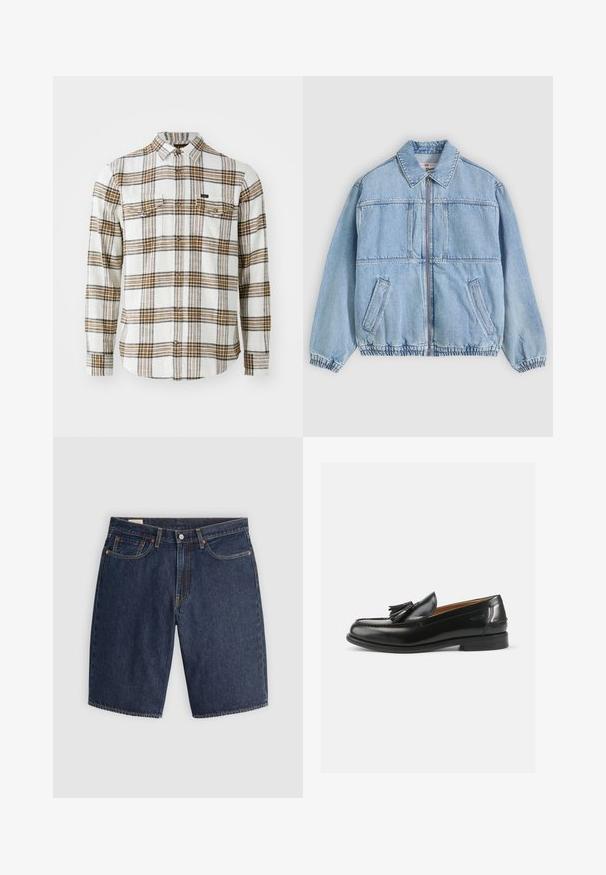 Lyseblå denimjakke med lynlås foran, bred krave, to sidelommer, elastiske manchetter og en afslappet pasform med sømdetaljer.; Lee CLEAN WESTERN - Skjorter - ecru ochre plaid; Mørkeblå denim shorts med et klassisk design, der har fem lommer, syninger, en knaplukning og buede baglommer.; Sorte læder loafers med en kvastdetalje, en rund dramatisk tå og en glat overflade. Sålens flade design har et minimalt mønster.