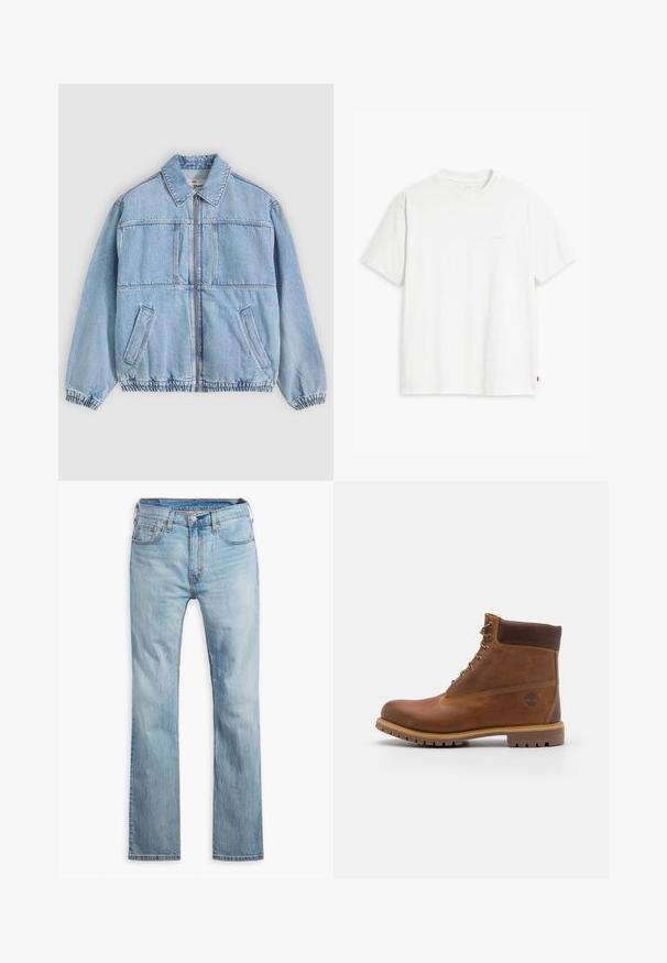 Hellblaue Jeansjacke mit Reißverschluss vorne, weitem Kragen, zwei seitlichen Taschen, elastischen Bündchen und lockerem Schnitt, mit Nahtdetails.; Weißes Baumwoll-T-Shirt mit kurzen Ärmeln, rundem Ausschnitt und einem dezenten "Levi's"-Logo in heller Farbe auf der Vorderseite.; Hellblaue Jeans aus Denim, mit geradem Bein, fünf Taschen, kontrastierenden Nähten und einem Knopfverschluss am Bund.; Braune Lederwanderschuhe mit glatter Oberfläche, gepolstertem Knöchel, Metallösen und einer Gummisohle mit robustem Profil.