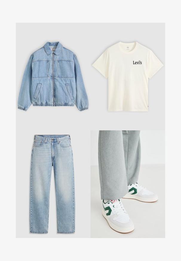 Chaqueta de mezclilla azul claro con cierre frontal de cremallera, cuello ancho, dos bolsillos laterales, puños elásticos y un corte holgado, con detalles de costuras.; Camiseta blanca de manga corta con cuello redondo y pequeño logo negro de Levi's en el lado izquierdo del pecho sobre un fondo liso.; Jeans rectos de color azul claro con cinco bolsillos, cierre de botón de metal y detalles deslavados en los muslos y las rodillas, dispuestos sobre un fondo blanco.; Zapatillas blancas y verdes con materiales de cuero liso y ante, que presentan un destacado acento de logo verde y cordones blancos. Pantalones grises parcialmente visibles.