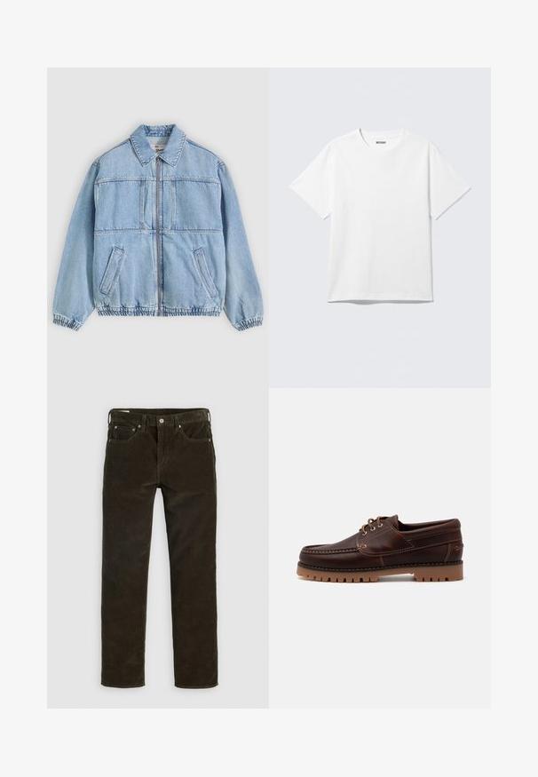 Hellblaue Jeansjacke mit Reißverschluss vorne, weitem Kragen, zwei seitlichen Taschen, elastischen Bündchen und lockerem Schnitt, mit Nahtdetails.; Weißes T-Shirt mit kurzen Ärmeln und Rundhalsausschnitt, flach liegend, schlichtes Design, mit „WEEKDAY“-Etikett innen im Kragen auf hellem Hintergrund.; Braune Cordhosen mit geradem Bein, fünf Taschen, sichtbaren Nähten und einer strukturierten Stoffoberfläche. Metallknopfverschluss hinten.; Braune Lederschiffsschuh mit gestickten Details, Schnürdesign und robustem Gummisohle mit strukturierten Stollen für besseren Halt.