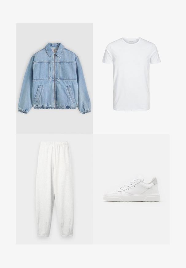 Lyseblå denimjakke med lynlås foran, bred krave, to sidelommer, elastiske manchetter og en afslappet pasform med sømdetaljer.; Rundhals kortærmet t-shirt i ensfarvet hvid, lavet af blød bomuld, har et simpelt design uden synlige mønstre eller detaljer.; Lyse grå sweatsbukser lavet af blødt stof, med elastisk talje, tætsiddende ben og ankelmanchetter. Simpelt design uden mønstre.; Hvide lædersneakers med en glat finish, rund tå, flade snørebånd og en struktureret sål. Grå ruskindsdetalje ved hælen.