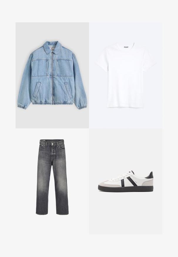 Lyseblå denimjakke med lynlås foran, bred krave, to sidelommer, elastiske manchetter og en afslappet pasform med sømdetaljer.; Enkelt hvid T-shirt med korte ærmer og rund hals med synligt WEEKDAY-mærke i kraven, vist på en lys baggrund.; Jeans i denim i en falmet sort farve, med lige ben-design, fem lommer og metalknaplukning i taljen.; Hvide sneakers med sorte og grå detaljer, med en tekstureret grå tåhætte, sort gummisål og flade hvide snørebånd. Rent design, minimalistisk stil.
