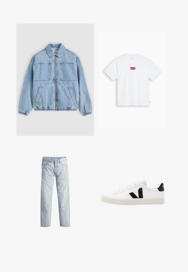 Chaqueta de mezclilla azul claro con cierre frontal de cremallera, cuello ancho, dos bolsillos laterales, puños elásticos y un corte holgado, con detalles de costuras.; Camiseta de algodón blanca con un parche del logo rojo de Levi's en el centro del pecho. Mangas cortas y diseño clásico de cuello redondo.; Vaqueros de mezclilla de color azul claro con un diseño de pierna recta, cierre de botón, cinco bolsillos y una textura de desgaste sutil. Presenta detalles de metal.; Zapatilla de cuero blanca con acentos de ante negro; presenta una suela de goma, puntera redonda y un diseño clásico de cordones. Logo lateral en negro.