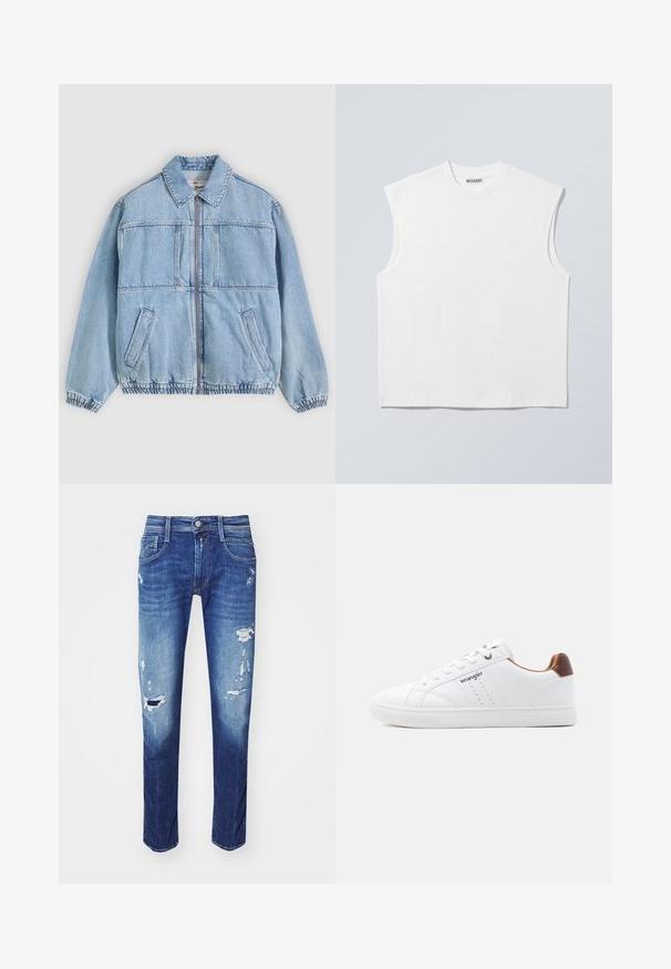 Hellblaue Jeansjacke mit Reißverschluss vorne, weitem Kragen, zwei seitlichen Taschen, elastischen Bündchen und lockerem Schnitt, mit Nahtdetails.; Weißes ärmelloses Baumwolltop mit Rundhalsausschnitt und strukturierten Schultern, mit "WEEKDAY" auf dem Kragenetikett versehen, vor hellgrauem Hintergrund dargestellt.; Dunkelblaue Jeans aus Denim mit Rissen, Fünf-Taschen-Design und dezentem Ausbleichen. Gerade Passform mit sauberen Nähten.; Weißer Low-Top-Sneaker mit weißen Schnürsenkeln, perforierten Details, "Wrangler"-Logo an der Seite und braunem Absatz auf einfarbigem Hintergrund.