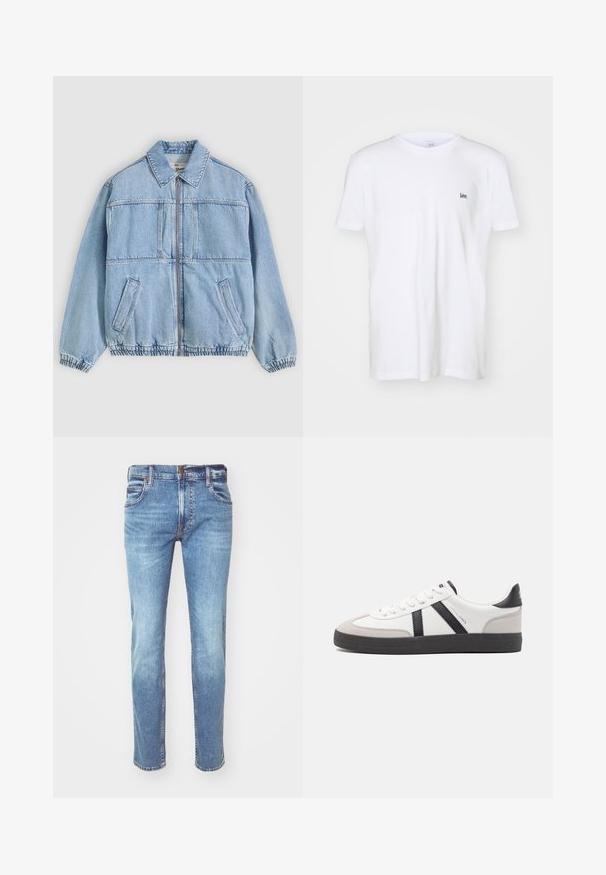 Chaqueta de mezclilla azul claro con cierre frontal de cremallera, cuello ancho, dos bolsillos laterales, puños elásticos y un corte holgado, con detalles de costuras.; Camiseta de algodón blanca de manga corta, con un pequeño logotipo negro "Lee" bordado en el lado izquierdo del pecho. Diseño simple y clásico.; Jeans de mezclilla azul claro con corte recto, diseño de cinco bolsillos y costuras en contraste, exhibiendo un acabado desgastado y un corte clásico.; Zapatilla blanca con acentos en negro y gris, que presenta una puntera texturizada en gris, suela de goma negra y cordones planos blancos. Diseño limpio, estilo minimalista.