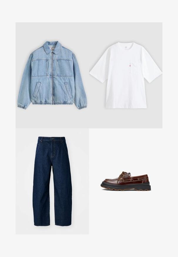 Lyseblå denimjakke med lynlås foran, bred krave, to sidelommer, elastiske manchetter og en afslappet pasform med sømdetaljer.; Hvid bomulds-T-shirt med korte ærmer, rund hals og lomme på venstre bryst. Har en lille rød logoetiket på lommen.; Bredde ben mørk denim jeans med høj talje, som har fem lommer, knaplukning foran og synlige syninger.; Brune læder bådsko med snørebånd og dekorativ syning, udstyret med en tekstureret sort og brun sål til udendørs brug.