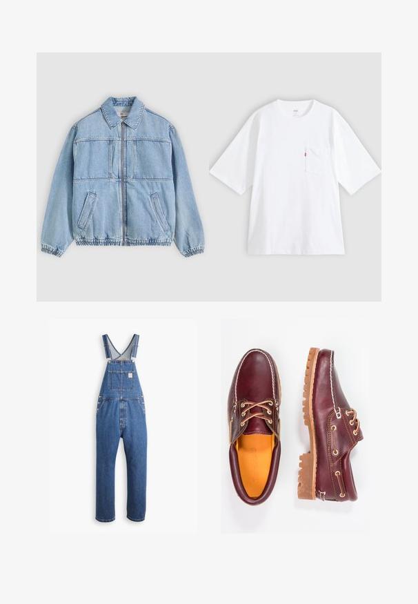 Hellblaue Jeansjacke mit Reißverschluss vorne, weitem Kragen, zwei seitlichen Taschen, elastischen Bündchen und lockerem Schnitt, mit Nahtdetails.; Weißes Baumwoll-T-Shirt mit kurzen Ärmeln, rundem Ausschnitt und Brusttasche auf der linken Seite. Mit kleinem rotem Logotag an der Tasche.; Denim-Latzhose in Mittelblau, mit verstellbaren Trägern, einer Brusttasche und metallischen Beschlägen, im lässigen Schnitt und geradem Bein-Design.; Bordeauxfarbene Lederschuhe mit braunen Gummisohlen, runder Zehenform, weißen Nähten und goldenen Ösen. Das Innenfutter weist eine gelbe Beschichtung auf.