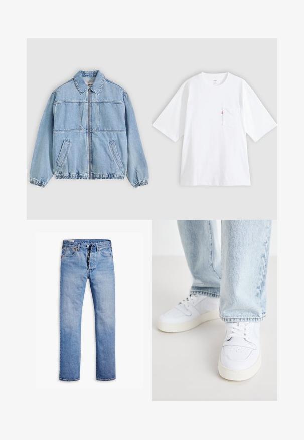 Veste en denim bleu clair avec une fermeture éclair à l'avant, un col à revers, deux poches latérales, des poignets élastiques et une coupe décontractée, avec des détails de coutures.; T-shirt en coton blanc à manches courtes, col rond et poche poitrine gauche. Comprend une petite étiquette logo rouge sur la poche.; Jeans en denim bleu clair avec une coupe droite, une fermeture à cinq boutons, des passants de ceinture et un délavage subtil. Dispose de deux poches avant et de rivets en cuivre.; Baskets basses en cuir blanc avec un bout perforé, des lacets plats et un design minimaliste. Associées à un jean en denim bleu clair.