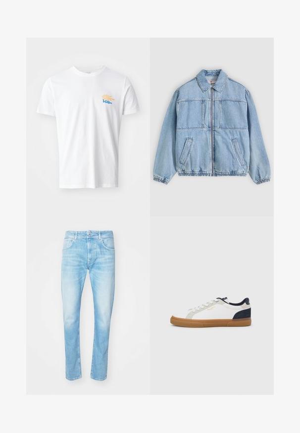 Hellblaue Jeansjacke mit Reißverschluss vorne, weitem Kragen, zwei seitlichen Taschen, elastischen Bündchen und lockerem Schnitt, mit Nahtdetails.; Weißes Baumwoll-T-Shirt mit rundem Halsausschnitt und kurzen Ärmeln. Es verfügt über eine farbenfrohe Grafik mit gelben und blauen Elementen auf der Brust.; Hellblaue Denim-Jeans mit geradem Schnitt, ausgestattet mit zwei Fronttaschen und einem Knopfverschluss. Verwaschenes Aussehen mit subtiler Textur.; Weiße Leinensneaker mit marineblauen und grauen Wildlederakzenten. Verfügt über eine Sohle aus Gummireifen, eine abgerundete Spitze und ein klassisches Schnürdesign.
