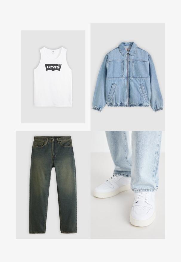 Veste en denim bleu clair avec une fermeture éclair à l'avant, un col à revers, deux poches latérales, des poignets élastiques et une coupe décontractée, avec des détails de coutures.; Débardeur en coton blanc avec un logo Levi's noir au centre. Design simple avec un col rond et de larges emmanchures.; Jean en denim vert foncé avec design à cinq poches, fermeture par bouton, et coupe droite, présenté sur un fond clair uni.; Baskets basses en cuir blanc avec un bout perforé, des lacets plats et un design minimaliste. Associées à un jean en denim bleu clair.