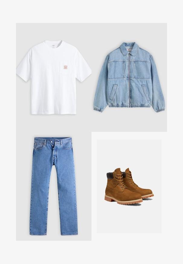 Hellblaue Jeansjacke mit Reißverschluss vorne, weitem Kragen, zwei seitlichen Taschen, elastischen Bündchen und lockerem Schnitt, mit Nahtdetails.; Weißes T-Shirt mit kurzen Ärmeln und Rundhalsausschnitt sowie einer kleinen Brusttasche vorne mit einem beige-roten rechteckigen Label.; Hellblaue Jeans aus Denim mit geradem Bein, fünf Taschen und einem Zwei-Knopf-Verschluss. Sie zeichnen sich durch ein dezentes Verblassen und kontrastierende Nähte aus.; Braune Wildleder-Stiefeletten mit einem gepolsterten schwarzen Kragen, goldenen Ösen und einer dicken Gummisohle mit einem Rillenmuster für besseren Grip.