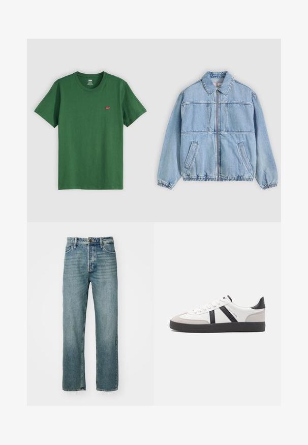 Lichtblauwe spijkerjack met ritssluiting aan de voorkant, spreidkraag, twee zijzakken, elastische manchetten en een losse pasvorm, met naaddetails.; Groene katoenen t-shirt met een ronde hals, korte mouwen en een klein rood Levi's-logo op de linkerkant van de borst. Zachte textuur, normale pasvorm.; Lichtblauwe denim jeans met een rechte snit, vijf-pocket ontwerp en zichtbare stiksels. Voorzien van een metalen knoop en ritssluiting.; Witte sneaker met zwarte en grijze accenten, voorzien van een grijze neus met textuur, zwarte rubberen zool en platte witte veters. Schoon ontwerp, minimalistische stijl.
