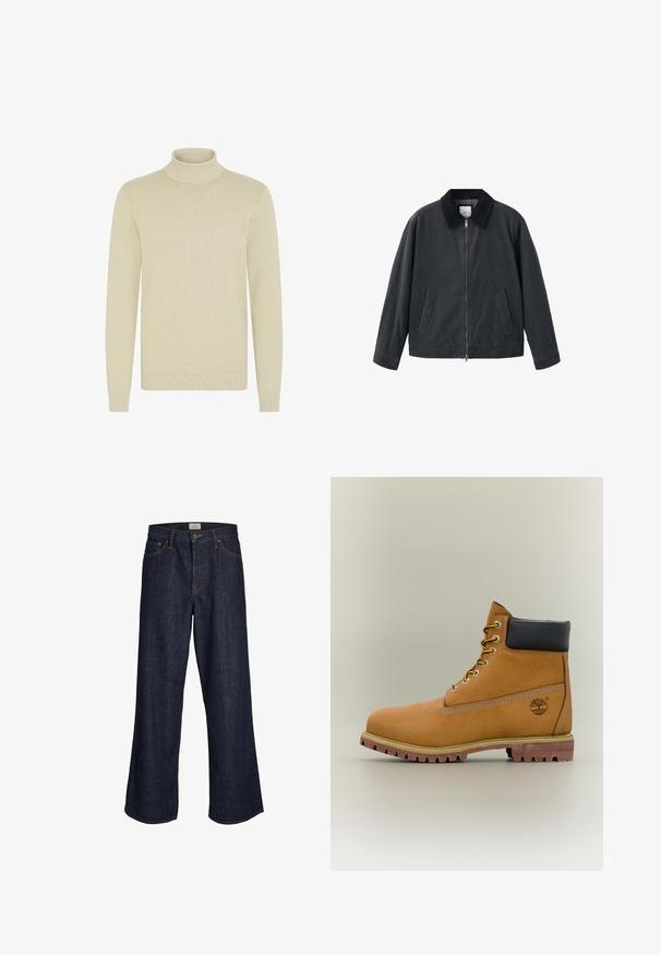 Sort jakke med lynlås foran, spredt krave og to sidelommer. Fremstillet af et glat materiale med en afslappet pasform.; Lys beige turtleneck sweater med et struktureret strikmønster, lange ærmer og ribbede manchetter og kant. Blødt, hyggeligt stof.; Mørkeblå brede jeans lavet af denim, med en frontlynlås, fem lommer og kontraststikninger. Enderne er råskåret.; Brun læderankelstøvle med sort krave, gule snørebånd og tanfarvet sål. Har logo og hvide syninger som detalje. Robust ydersål med greb.