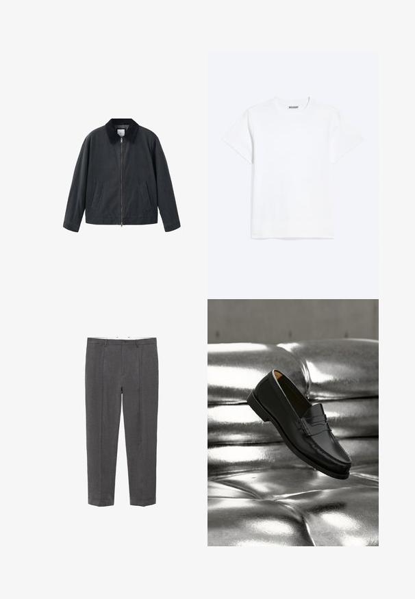 Sort jakke med lynlås foran, spredt krave og to sidelommer. Fremstillet af et glat materiale med en afslappet pasform.; Enkelt hvid t-shirt med korte ærmer og rund halsudskæring med et "WEEKDAY" mærke på indersiden af nakken, vist på en lys baggrund.; Mørkegrå skræddersyede bukser med bæltestropper, knaplukning, forkantfold og opsmøgte kanter, vist fladt mod en hvid baggrund.; Sort læderloafer svæver over en skinnende sølvfarvet, polstret lædersofa i et minimalistisk miljø.