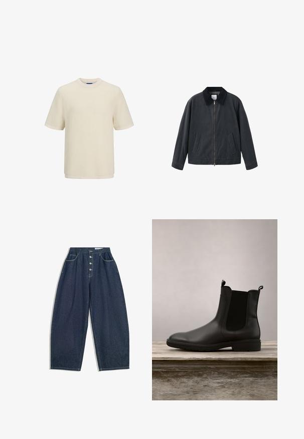 Veste noire avec fermeture éclair à l'avant, col classique et deux poches latérales. Fabriquée dans un matériau lisse avec une coupe décontractée.; T-shirt crème à manches courtes en tricot texturé. Présente un col rond et un ourlet droit.; Pantalons en denim bleu foncé à jambes larges avec une taille haute, fermeture à cinq boutons et cinq poches. Présente des accents de couture sur les coutures.; Bottine Chelsea noire en caoutchouc avec une finition lisse, panneaux latéraux élastiques et languettes, présentant un petit talon et une semelle robuste.