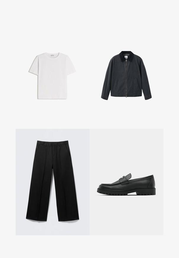 Black jacket featuring a zip front, spread collar, and two side pockets. Made from a smooth material with a relaxed fit.; White cotton t-shirt with a crew neckline and short sleeves. Features a classic, boxy shape and no visible patterns or accents.; Black wide-leg trousers with belt loops, front pockets, and a zip fly, displayed on a light gray background.; Black leather loafers with a rounded toe, featuring a stitched design, low platform sole, and a textured, lugged rubber outsole.