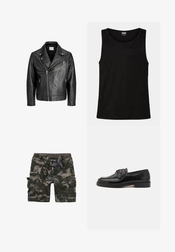 Chaqueta de motorista de cuero negro con cremallera frontal asimétrica, tres bolsillos con cremallera y detalle de cuello con botón a presión.; Top negro sin mangas hecho de suave tela de algodón. Presenta un escote redondo y aberturas amplias para los brazos, sin patrones ni acentos visibles.; Pantalones cortos cargo camuflados en verde oscuro y gris. Presentan múltiples bolsillos, cremallera, y una cintura elástica con cordones. Tejido duradero.; Mocasines de cuero negro con punta redonda y un acento decorativo de hebilla. Tacón plano y sólido, con una textura suave en todo el zapato.