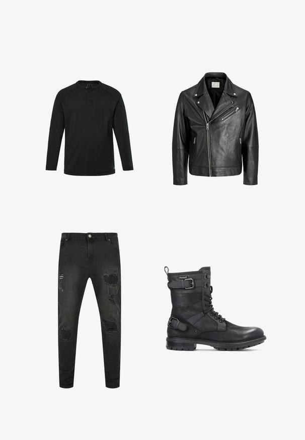 Sort læder motorcykeljakke med asymmetrisk frontlynlås, tre lynlåslommer og snap-knaphalsdetalje.; Sort langærmet Henley-skjorte med tre knapper og rund halsudskæring, ensfarvet design og lige kant.; Sorte denim jeans med slim fit, der har slidte detaljer, huller og falmede områder. Standard fem-lomme design med metal knaplukning.; Kazar HEARD - Cowboy- / bikerstøvlette - black