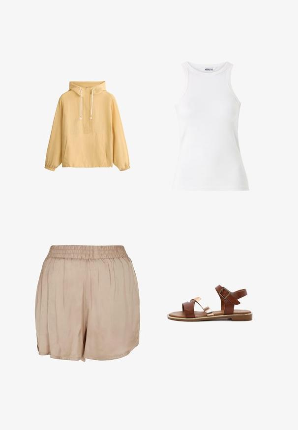 Pull à capuche jaune clair à manches longues avec fermeture éclair à l'avant, cordons blancs, poignets élastiques et grande poche frontale.; Débardeur blanc à côtes avec un col haut et sans manches. Texture douce, coupe ajustée et détails de couture minimaux.; Shorts légers beiges en tissu avec une taille élastique et une coupe ample, présentant une texture lisse et un ourlet arrondi.; Sandale en cuir marron avec une bride en métal doré, bout ouvert, boucle de cheville réglable et semelle plate en caoutchouc. Design minimaliste avec des lignes épurées.