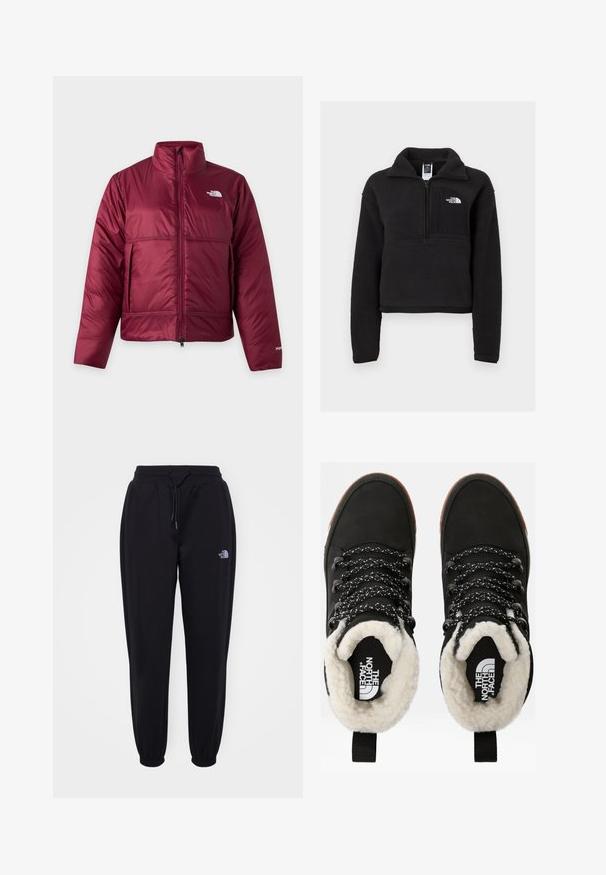 Vinrød polstret jakke med høj krave, frontlynlås, sidelommer og hvid The North Face-logo på bryst og ærme.; Sort fleece pullover med en kvart lynlås, høj krave og en brystlomme med et hvidt logo. Blød tekstur og cropped design.; Sorte joggingbukser med elastisk talje og manchetter, snoretræk, sidelommer og lille hvid The North Face-logo på højre lår.; Sorte vandtætte ankelstøvler med for af faux pels, tekstureret stof, snørebånd med hvidt og sort mønster samt en løkker ved hælen.