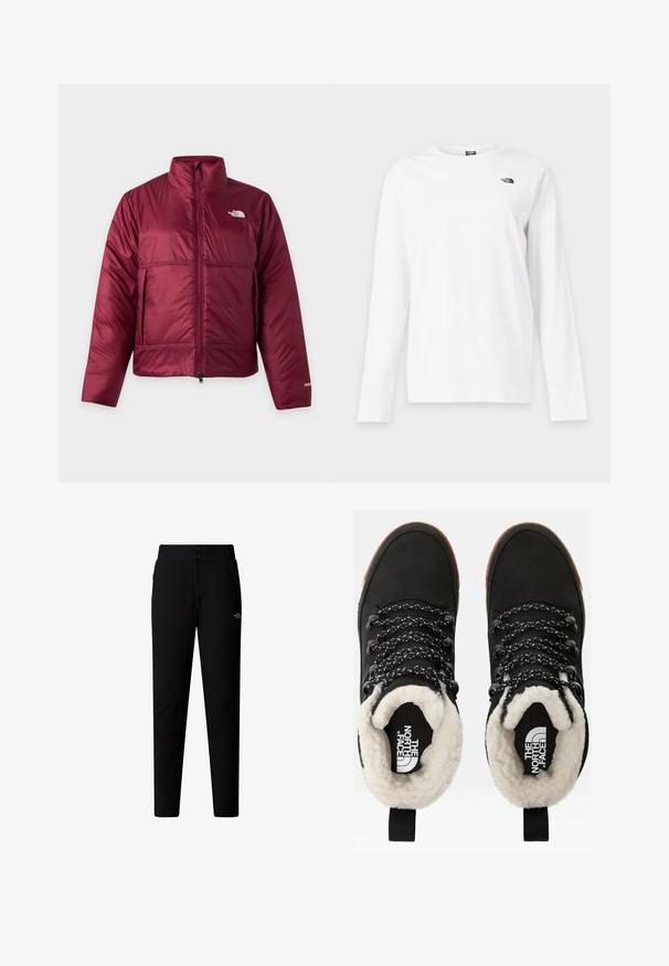 Weinroter gesteppter Blouson mit hohem Kragen, Frontreißverschluss, seitlichen Taschen und weißem The North Face-Logo auf Brust und Ärmel.; Weißes Langarmshirt mit Rundhalsausschnitt und kleinem schwarzem The North Face-Logo auf der linken Brust.; The North Face W QUEST SOFTSHELL PANTS - Stoffhose - tnf black; Schwarze wasserdichte Knöchelstiefel mit einem Futter aus Kunstfell, strukturiertem Stoff, weiß-schwarzem Muster für die Schnürsenkel und einer Schlaufe an der Ferse.