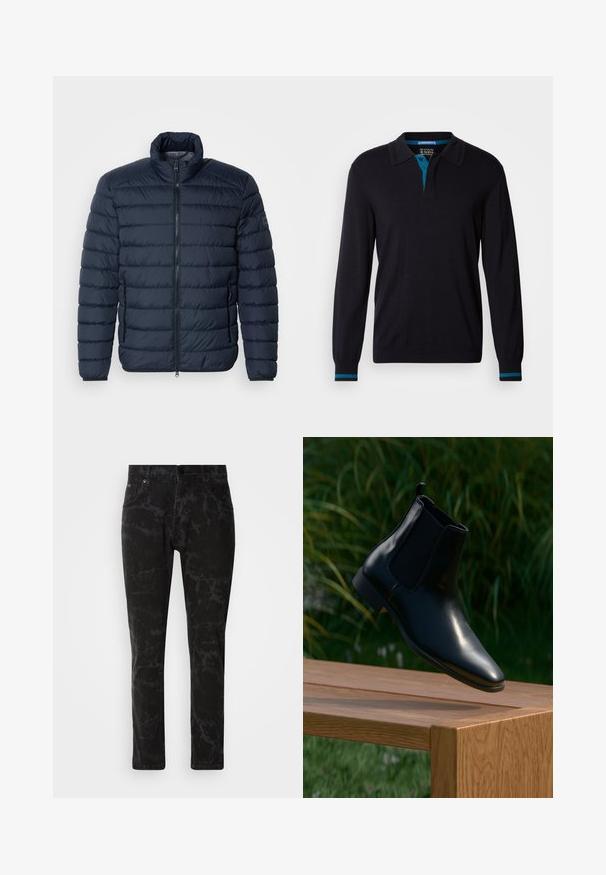Dunkelblaues Steppjacke mit horizontaler Paspelierung, hohem Kragen, Frontreißverschluss und seitlichen Reißverschlusstaschen. Hergestellt aus leichtem, isoliertem Material.; Scotch & Soda LONG SLEEVE POLO - Strickpullover - anthracite; Schwarze Jeans aus Denim mit marmoriertem Muster, geradem Bein, Fünf-Taschen-Stil und Knopfverschluss am Bund.; Schwarze Leder-Chelsea-Boots, die über einer Holzbank schweben, mit Gras und Pflanzen im Hintergrund.