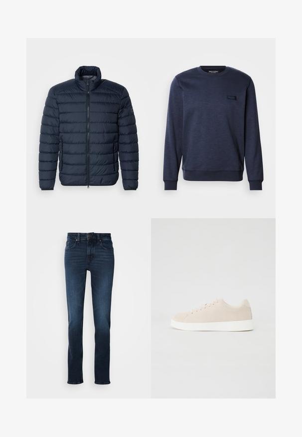 Marineblå puffjakke med vandret syninger, høj krave, frontlynlås og lynlåslommer på siden. Fremstillet af let, isoleret materiale.; Marineblå sweatshirt lavet af blødt stof, med rund halsudskæring, ribbede cuffs og et lille logo-patch på forsiden.; Mørkeblå denim jeans med lige ben-design, fem-lomme stil, frontknaplukning og subtilt slid på lårene.; Beige ruskindsneakers med hvide gummisåler, rund tå og seks snøringshuller. Glat tekstur med minimalisk design.