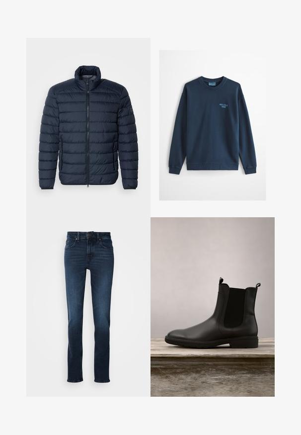 Marineblå puffjakke med vandret syninger, høj krave, frontlynlås og lynlåslommer på siden. Fremstillet af let, isoleret materiale.; Lyseblå crewneck-sweatshirt med lange ærmer og lille "Marc O'Polo Denim"-logo på venstre bryst.; Mørkeblå denim jeans med lige ben-design, fem-lomme stil, frontknaplukning og subtilt slid på lårene.; Sort gummistøvle i Chelsea-stil med en glat overflade, elastiske sidepaneler og dragtags, der har en lav hæl og en robust sål.