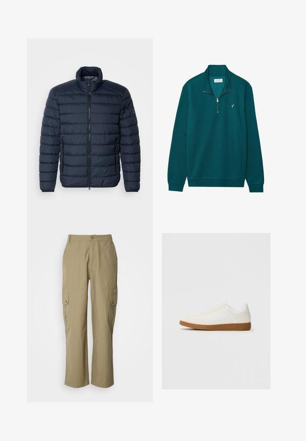 Marineblå puffjakke med vandret syninger, høj krave, frontlynlås og lynlåslommer på siden. Fremstillet af let, isoleret materiale.; Teal zip-up sweatshirt med stående krave. Har en guld logo-accent på brystet samt ribbede manchetter og kant. Blødt stof med behagelig tekstur.; Beige cargo bukser lavet af letvægtsstof, med to sidelommer, knaplukning og lige ben design.; Hvide sneakers med en ruskind tåspids, glat syntetisk overdel og tan gummisål. Har perforeringer på siderne for åndbarhed.