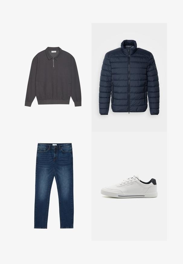 Dunkelblaues Steppjacke mit horizontaler Paspelierung, hohem Kragen, Frontreißverschluss und seitlichen Reißverschlusstaschen. Hergestellt aus leichtem, isoliertem Material.; Dunkelgraues Langarm-Polohemd mit Reißverschlusskragen, gerippter Textur, elastischen Bündchen und Seitentaschen. Lässiges und vielseitiges Design.; Dunkelblaue Slim-Fit-Jeans mit ausgewaschenen Details, klassischem Fünf-Taschen-Design, Knopfverschluss und Gürtelschlaufen.; Weiße Sneakers mit einem glatten synthetischen Obermaterial, runder Spitze, Schnürdesign, marineblauem Akzent an der Ferse und einer strukturierten Gummisohle mit einem schwarzen Streifen.