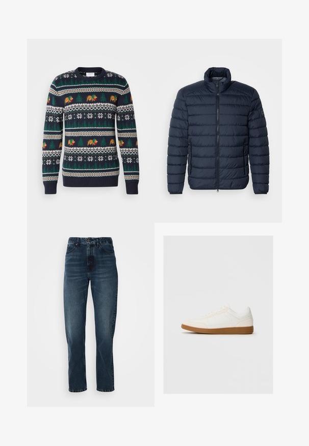 Dunkelblaues Steppjacke mit horizontaler Paspelierung, hohem Kragen, Frontreißverschluss und seitlichen Reißverschlusstaschen. Hergestellt aus leichtem, isoliertem Material.; Dunkelblauer Pullover aus Strick mit einem Feiertagsmuster, das Bären, Bäume und Schneeflocken in Grün, Braun und Weiß zeigt. Gerippte Bündchen und Saum.; Dunkelblaue gerade Jeans mit Knopf- und Reißverschluss vorne, Fünf-Taschen-Design und subtiler Ausbleichung an Oberschenkeln und Knien.; Weißer Sneaker mit einer Wildleder-Zehenkappe, glattem Synthetik-Obermaterial und einer sandfarbenen Gummisohle. Verfügt über Perforationen an den Seiten für Atmungsaktivität.