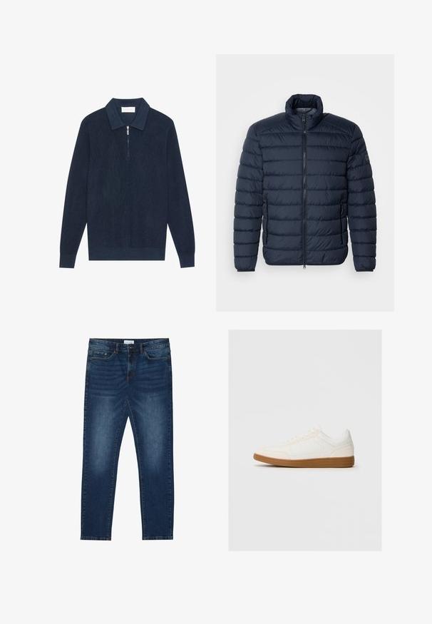 Marineblå puffjakke med vandret syninger, høj krave, frontlynlås og lynlåslommer på siden. Fremstillet af let, isoleret materiale.; Mørk marineblå strikket langærmet polo shirt med ribbet tekstur og en kort sølv lynlås ved kraven.; Mørkeblå slim-fit jeans med falmede detaljer, klassisk fem-lomme design, knappelukning og bæltestropper.; Hvide sneakers med en ruskind tåspids, glat syntetisk overdel og tan gummisål. Har perforeringer på siderne for åndbarhed.
