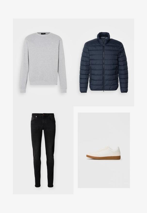 Veste rembourrée bleu marine avec des coutures horizontales, col montant, fermeture éclair à l'avant et poches latérales zippées. Fabriqué en matériau léger et isolant.; Sweat à capuche gris clair avec des manches longues, col ras du cou, poignets et ourlet en bord-côte. Il arbore un logo subtil sur la zone supérieure gauche de la poitrine.; Jean noir skinny à cinq poches, fermeture par bouton et passants pour ceinture, présenté sur un fond gris clair uni.; Baskets blanches avec un capuchon en daim, un dessus en synthétique lisse et une semelle en caoutchouc marron. Présente des perforations sur les côtés pour une meilleure respirabilité.