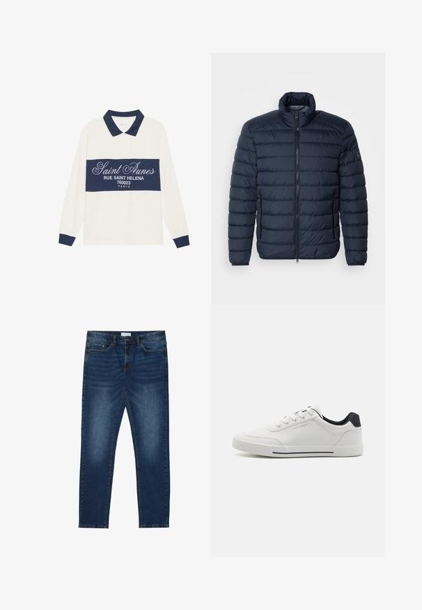 Marineblå puffjakke med vandret syninger, høj krave, frontlynlås og lynlåslommer på siden. Fremstillet af let, isoleret materiale.; Langærmet polo shirt, creme og marineblå, i en bomuldsblanding. Har et marineblåt bånd med hvid tekst og en klassisk krave med marineblå kant.; Mørkeblå slim-fit jeans med falmede detaljer, klassisk fem-lomme design, knappelukning og bæltestropper.; Hvide sneakers med en glat syntetisk overdel, rund tå, snørebåndsdesign, marineblå accent på hælen og en tekstureret gummisål med en sort stribe.