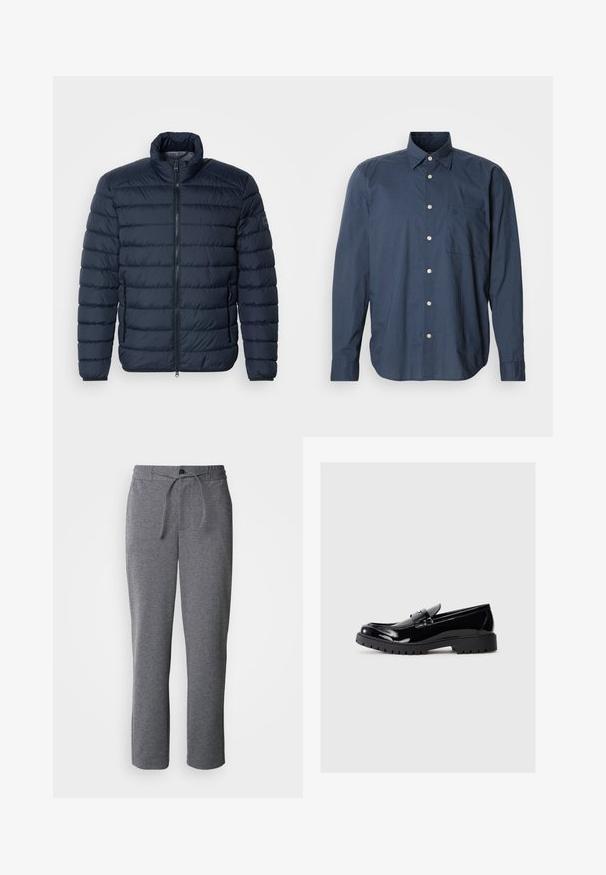 Veste rembourrée bleu marine avec des coutures horizontales, col montant, fermeture éclair à l'avant et poches latérales zippées. Fabriqué en matériau léger et isolant.; Chemise bleu marine à manches longues, à motif à petits carreaux, avec une poche poitrine unique et des boutons blancs sur fond uni.; Pantalons de survêtement gris en tissu doux, dotés d'une taille élastique avec cordon de serrage, de jambes droites et d'un design simple et épuré.; Mocassins en cuir verni noir avec un bout arrondi, une sangle décorative et une semelle en caoutchouc épaisse avec des reliefs profonds pour l'adhérence.