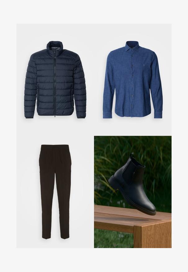 Dunkelblaues Steppjacke mit horizontaler Paspelierung, hohem Kragen, Frontreißverschluss und seitlichen Reißverschlusstaschen. Hergestellt aus leichtem, isoliertem Material.; Blaues Langarmhemd aus strukturiertem Stoff, mit traditionellem Kragen, Knopfleiste und dezenter Logo-Stickerei auf der Brust.; Schwarze, lange, schmal zulaufende Hose aus einem weichen, glatten Material. Mit einem elastischen Bund und einem Kordelzug für eine verstellbare Passform.; Schwarze Lederknöchelstiefel, die über einer Holzbank mit grünem Gras und Pflanzen im verschwommenen Hintergrund schweben.