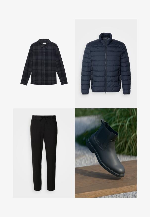 Veste rembourrée bleu marine avec des coutures horizontales, col montant, fermeture éclair à l'avant et poches latérales zippées. Fabriqué en matériau léger et isolant.; Chemise en flanelle à carreaux noirs et gris, avec un devant à boutons, des manches longues et un design de col classique.; Pantalon noir en tissu doux, doté d'une ceinture à cordon de serrage, d'une coupe slim et d'une jambe fuselée. Aucun motif ou accent notable.; Bottine en cuir noir avec des panneaux latéraux élastiques, des accents texturés et une semelle en caoutchouc ; l'affichage comprend une surface en bois et de la verdure.