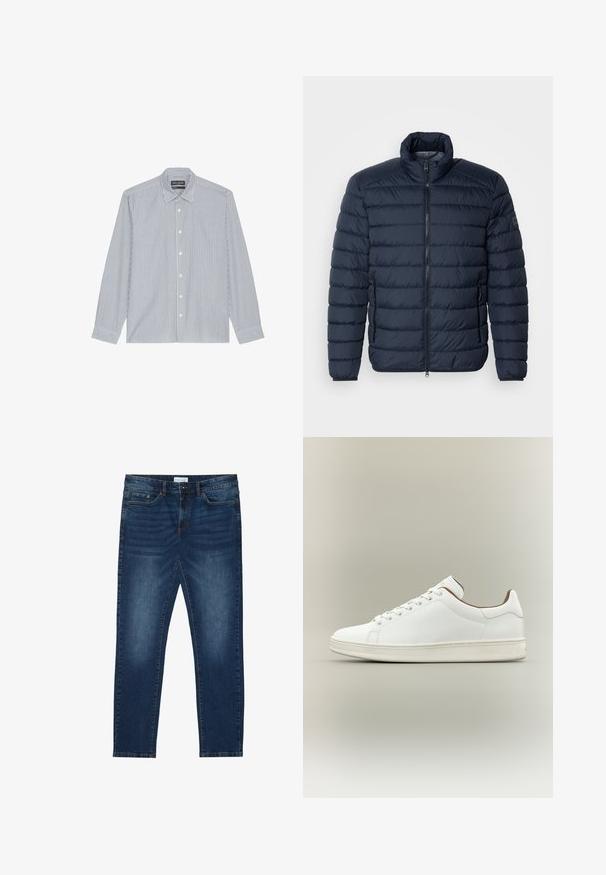 Veste rembourrée bleu marine avec des coutures horizontales, col montant, fermeture éclair à l'avant et poches latérales zippées. Fabriqué en matériau léger et isolant.; Chemise à boutons rayée bleue et blanche avec un col évasé, manches longues et boutons en plastique. Tissu doux avec un détail de motif vertical.; Jean slim-fit bleu foncé avec des détails délavés, design classique à cinq poches, fermeture à bouton et passants de ceinture.; Baskets basses blanches à lacets sur l'avant, tige en cuir lisse et semelle beige clair sur fond neutre.