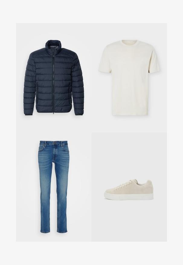Marineblå puffjakke med vandret syninger, høj krave, frontlynlås og lynlåslommer på siden. Fremstillet af let, isoleret materiale.; Simpel, off-white T-shirt med korte ærmer og rund hals, med diskret logo på venstre bryst, vist mod en hvid flad baggrund.; Blå denim jeans med lige pasform, fem lommer og en knappet talje med en let falmning og slidte detaljer.; Beige lavt snøresko med snørebånd foran og tyk hvid gummisål på en ensfarvet lysegrå baggrund.