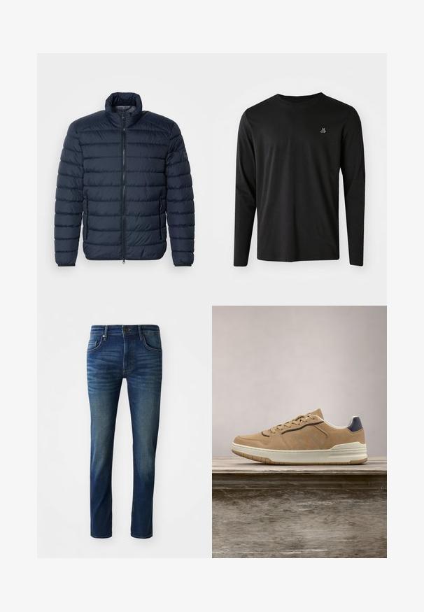 Marineblå puffjakke med vandret syninger, høj krave, frontlynlås og lynlåslommer på siden. Fremstillet af let, isoleret materiale.; Sort langærmet t-shirt lavet af bomuld, med rund halsudskæring og et lille hvidt logo på venstre brystområde. Enkel design.; Mørkeblå denim jeans med slim fit, har fem lommer, en frontlukning med knap og en subtil falmet tekstur på benene.; Beige ruskinds sneakers med hvid gummisål, featuring beige snørebånd, navy-blue accenter og perforerede detaljer på tåboksen.