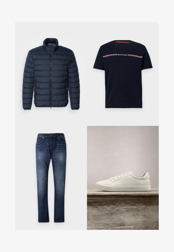 Marineblå puffjakke med vandret syninger, høj krave, frontlynlås og lynlåslommer på siden. Fremstillet af let, isoleret materiale.; Marineblå bomulds-t-shirt med korte ærmer og rund halsudskæring, med en hvid og rød horisontal stribedetalje og "TOM TAILOR" logo.; Mørkeblå denimjeans med lige ben design, der har en falmet vask, fem lommer og synlige stikninger langs sømmene.; Hvide snørresneakers svævende over en træbænk med grønne planter i baggrunden, der fremhæver skodesign og tekstur.