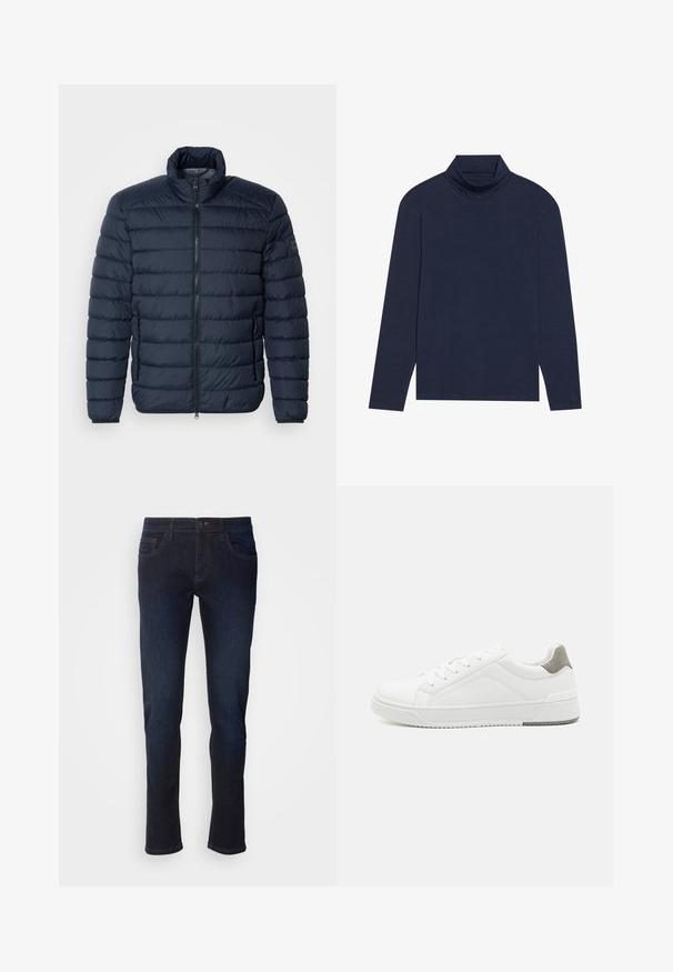 Dunkelblaues Steppjacke mit horizontaler Paspelierung, hohem Kragen, Frontreißverschluss und seitlichen Reißverschlusstaschen. Hergestellt aus leichtem, isoliertem Material.; Navyblauer Langarm-Turtleneck aus weichem, dehnbarem Stoff mit einer enganliegenden Passform, hoher Kragen und ohne sichtbare Muster oder Beschläge.; Dunkelblaue Jeans aus Denim mit geradem Bein, ausgestattet mit Fronttaschen, einem Reißverschluss und dezenten Nähdetails.; Weißer Sneaker aus glattem Leder, runde Zehenpartie, minimalistisches Design, graue Fersenkante und strukturierte Gummisohle.