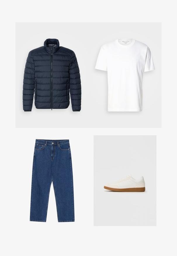 Marineblå puffjakke med vandret syninger, høj krave, frontlynlås og lynlåslommer på siden. Fremstillet af let, isoleret materiale.; Hvid bomulds t-shirt med rund hals og korte ærmer. Har en diskret logo detalje på fronten. Glat tekstur, afslappet pasform.; Mørkeblå denim jeans med lige ben, forlommer og en knaplukning med kontraststing hele vejen.; Hvide sneakers med en ruskind tåspids, glat syntetisk overdel og tan gummisål. Har perforeringer på siderne for åndbarhed.